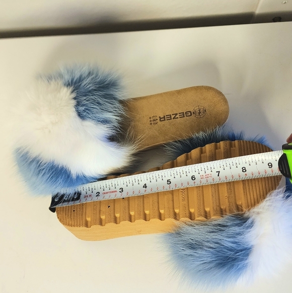 Hand Made Blue and White Fur Slide Sandals - Picture 12 of 12